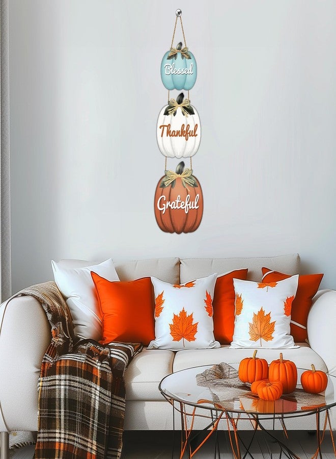 YUNKKIN Fall Door Decor Pumpkin Wall Decor with Raffia Bow Thanksgiving Wreath Blessed Grateful Thankful Sign Wooden Front Door Hanger for Harvest Thanksgiving Porch Indoor Outdoor Home Decorations - Image 5